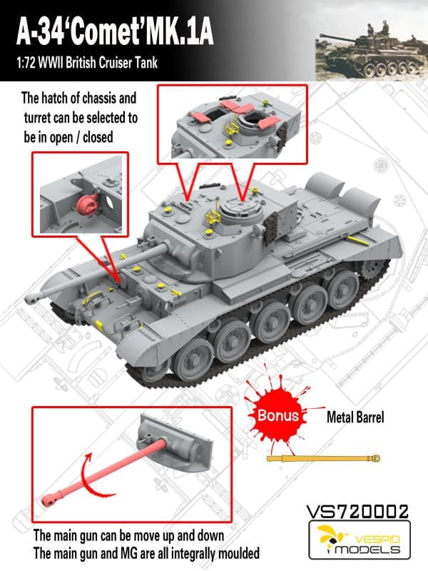Vespid 1/72 A-34 Comet Mk.1A British WWII Tank Model Kit VS720002