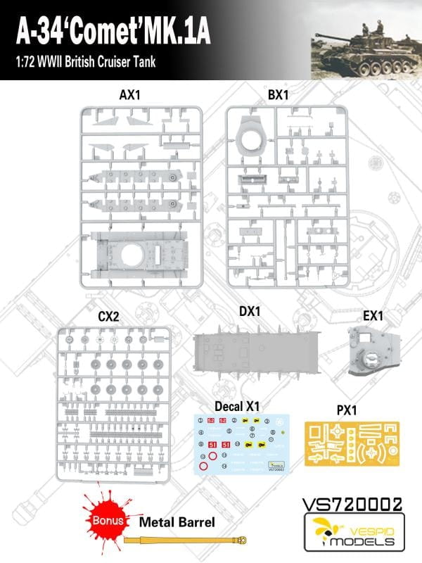 Vespid 1/72 A-34 Comet Mk.1A British WWII Tank Model Kit VS720002