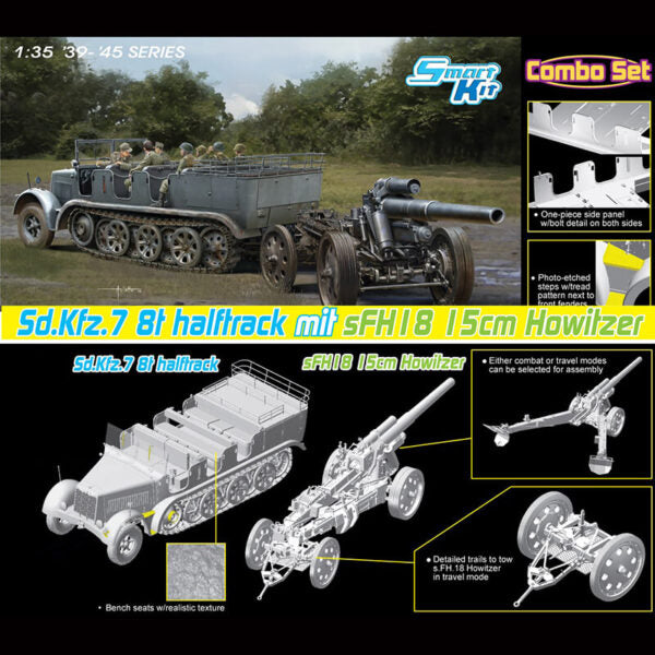 Dragon 1/35 Scale Sd.Kfz. 7 8t Halftrack w/ sFH18 15cm Howitzer Combo Set Plastic Model 6918 NZ Stock
