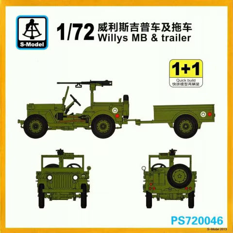 S-Model 1/72 Scale Willys MB Jeep & Trailer (2 Quickbuild Kits) Plastic Model PS720046 NZ Stock