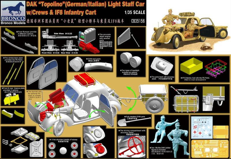 BRONCO 1:35 scale DAK Topolino (German/Italian) Light Staff Car w/Crew & IF8 Infantry Cart CB 35156 plastic model kit