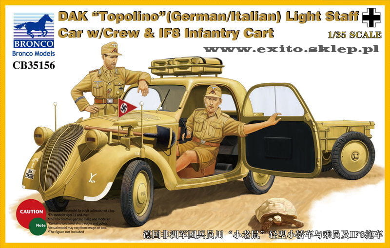 BRONCO 1:35 scale DAK Topolino (German/Italian) Light Staff Car w/Crew & IF8 Infantry Cart CB 35156 plastic model kit
