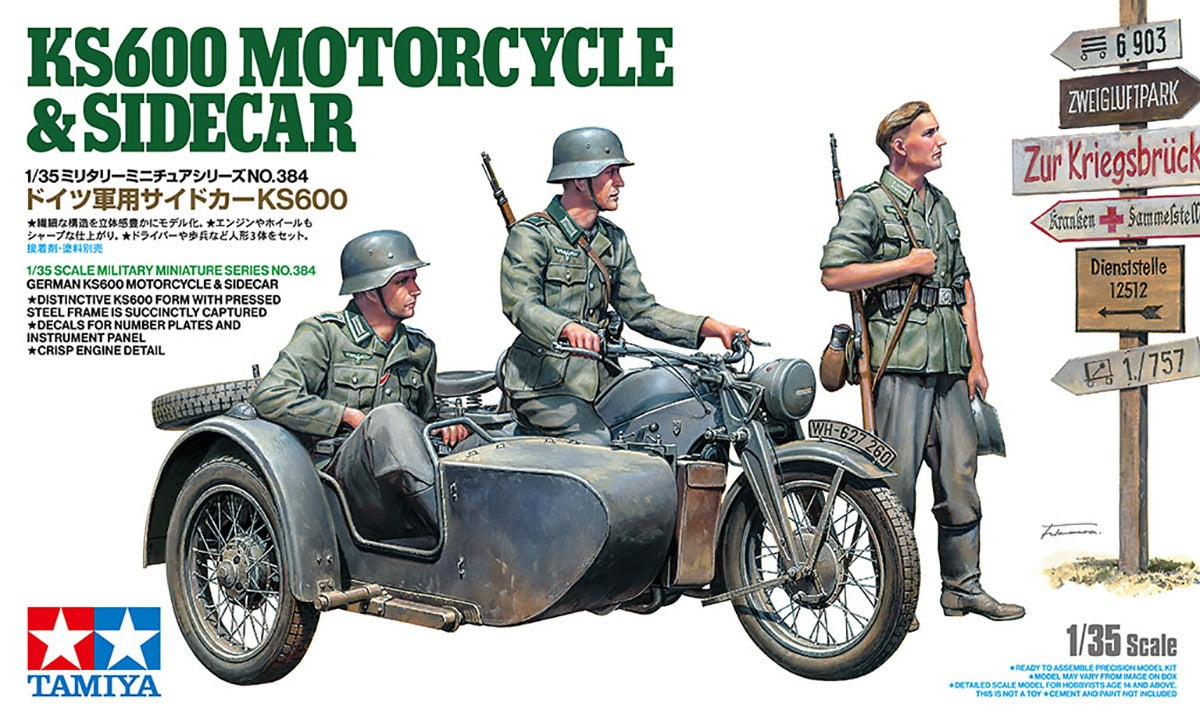 Tamiya 1/35 KS600 Zündapp Motorcycle & Sidecar WWII Model Kit 35384