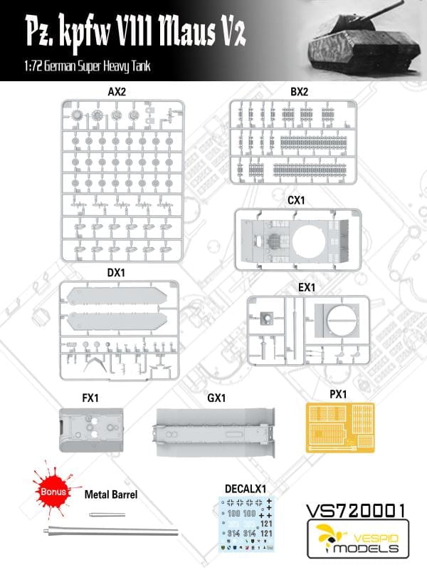 Vespid Models 1/72 Pz.Kpfw. VIII Maus V2 German Super-Heavy Tank Model Kit (No. VS720001)