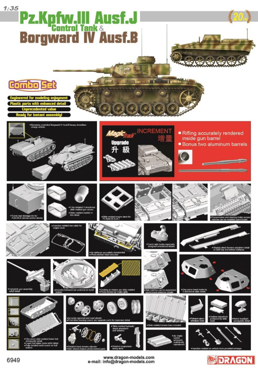 Dragon 1/35 Scale Pz.Kpfw.III Ausf.J Command Tank & Borgward IV Ausf.B Plastic Model Kit 6949 NZ Stock