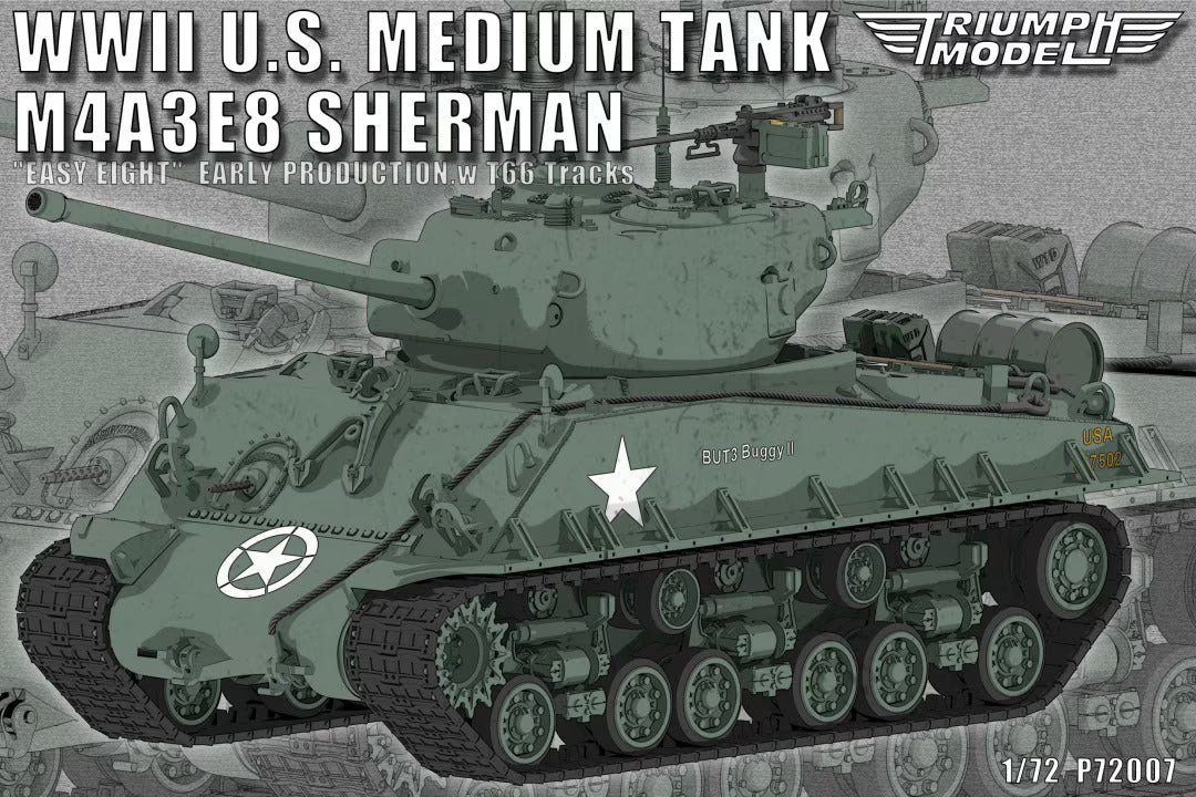 Triumph Model 1/72 Scale M4A3E8 Sherman Easy Eight Early Production w/ T66 Tracks Plastic Model P72007 NZ Stock