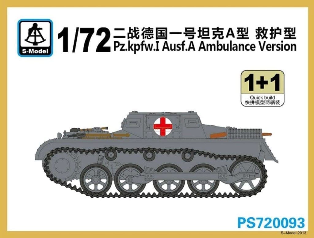 S-Model 1/72 German Panzer I Ausf.A Ambulance Version PS720093 WWII Wehrmacht Medical Evacuation Vehicle Quick Build Plastic Model Kit – 2 Kits per Box NZ Stock