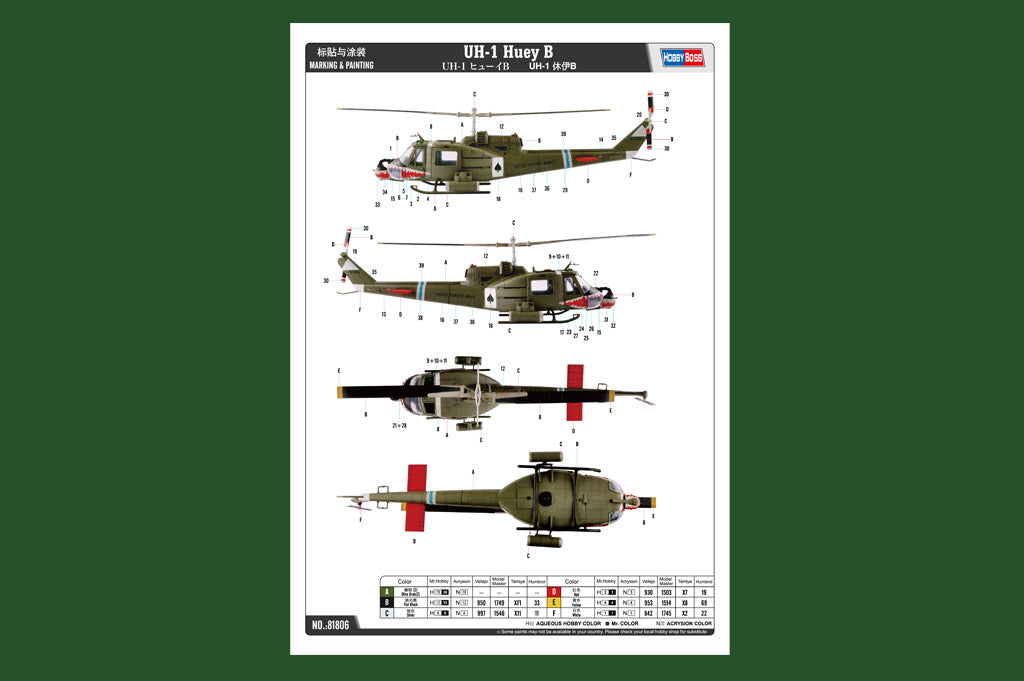 HobbyBoss 1/18 UH-1B Huey 81806 U.S. Army Vietnam War Utility Helicopter Model Kit NZ Stock