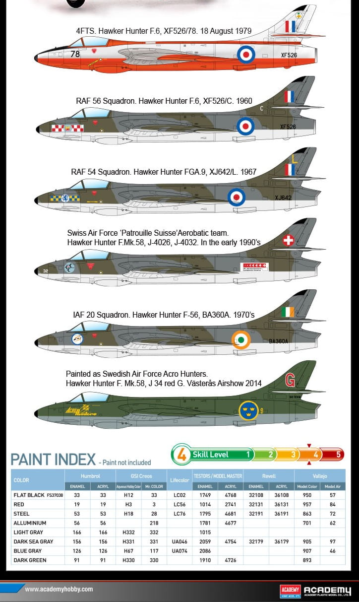 Academy 1:48 scale Hawker Hunter F.6/FGA.9 "RAF & Export" 12312 scale model kit