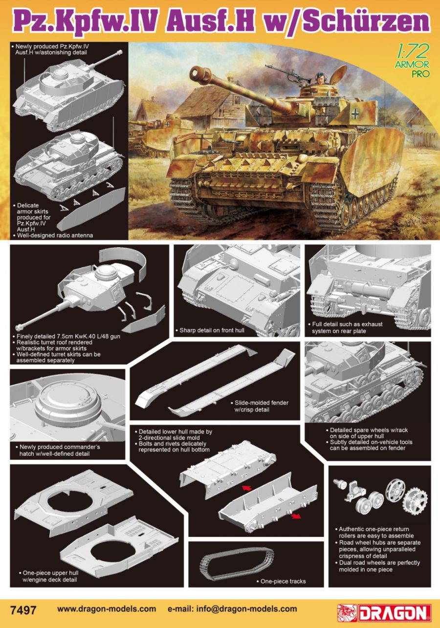 Dragon 1:72 scale Pz.Kpfw.IV Ausf.H w/ Schürzen 7497 scale model kit