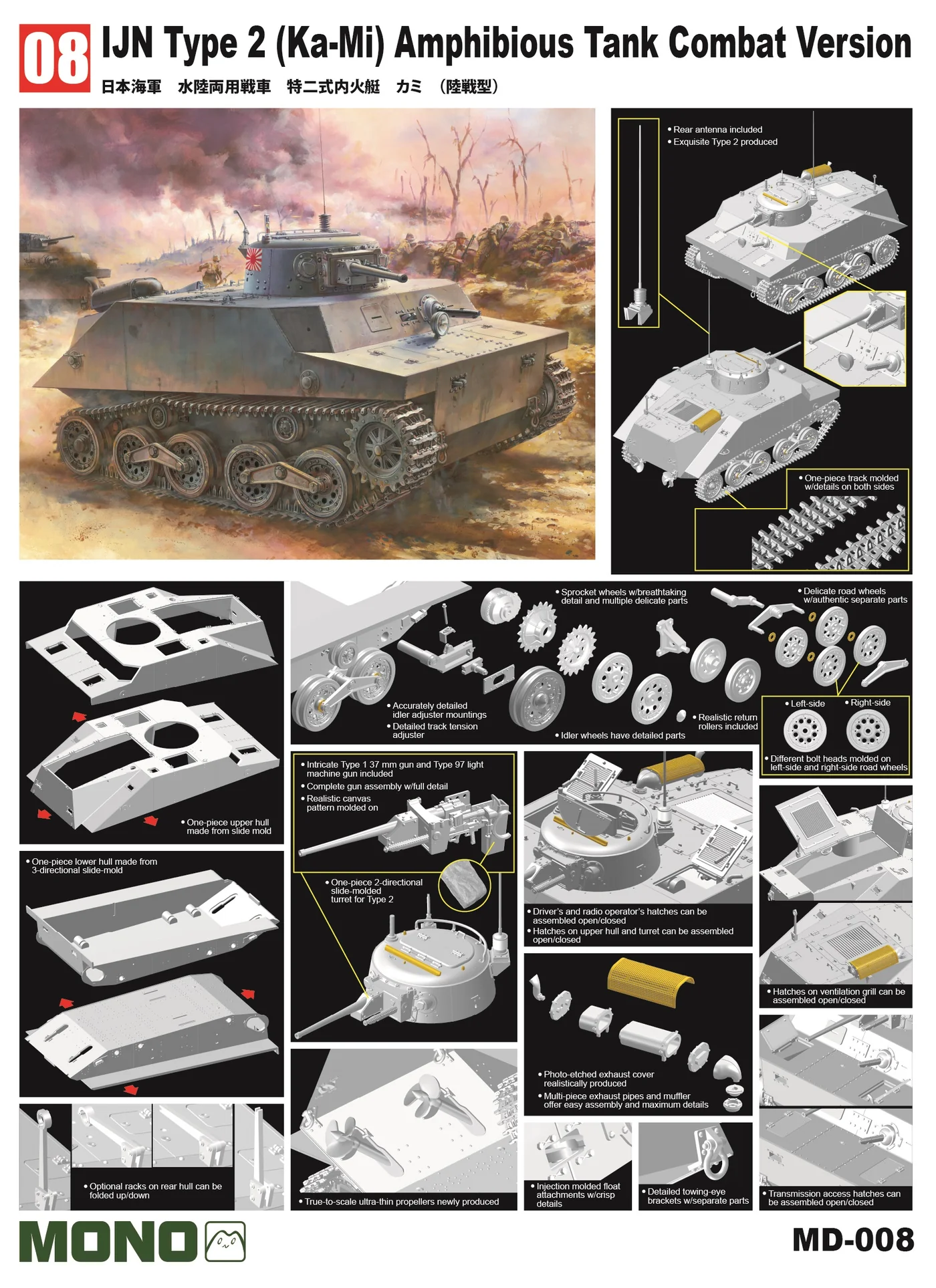 Dragon Models 1:35 scale IJN Type 2 Amphibious Tank "Ka-Mi" Combat Version MD008 scale model kit