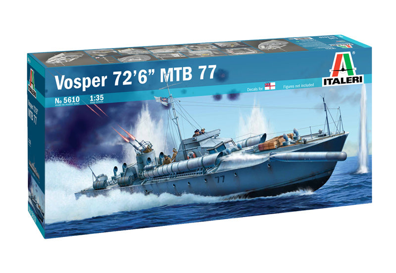 1/35 scale Vosper 72' 6'' MTB 77 motor torpedo boat plastic model kit by Italeri (No. 5610)